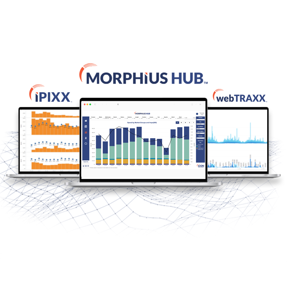 Laptops display data visualizations; Morphius Hub, iPIXX, and webTRAXx logos present.