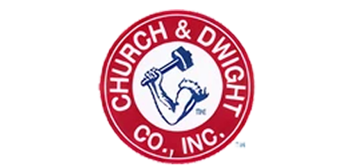 Arm wielding mallet, encircled by "CHURCH & DWIGHT CO., INC.", on red.