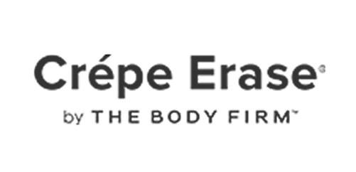Logo displays "Crêpe Erase" by "THE BODY FIRM" in dark gray, 3D-like lettering.