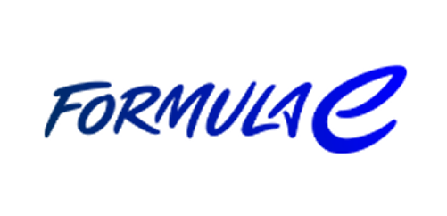 Blue "FORMULA E" logo; stylized lettering; dark background.