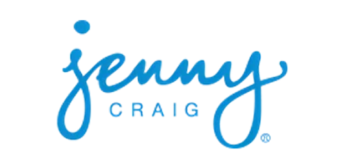 "Jenny Craig" name, styled in blue cursive script, on black background.