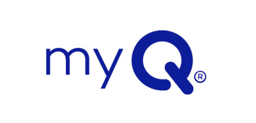 Logo "myQ" displays; a stylized blue Q follows "my" in dark background.