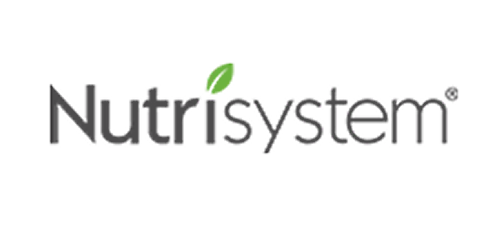 "Nutrisystem" logo; a green leaf sits atop the text. The logo is presented against a black background.