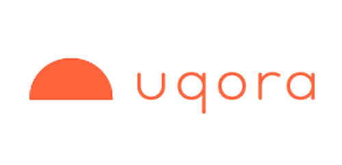 Orange half-circle accompanies "uqora" logo.
