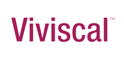 "Viviscal™" logo; a dark-pink word; displayed against a black background.