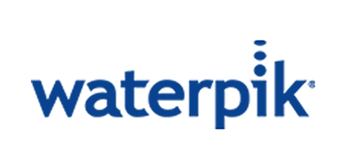 Waterpik logo: Dark blue text displays brand name against a black background.
