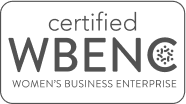A "certified WBENc" logo displays, signifying a women's business enterprise, against a dark background.